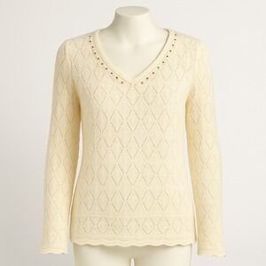 Lark Lane Bone Lace Knit V Neck Bell Long Sleeve Sweater M Coquette Dainty Fairy